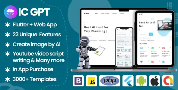 ICGPT – GPT AI Writing Assistant, Image Generator & Content Creator Flutter App + WEB version + Admin
