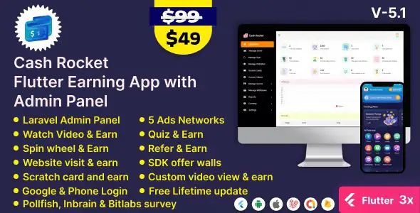 Cash Rocket – Flutter Online Earning App with Admin Panel Aplicativo