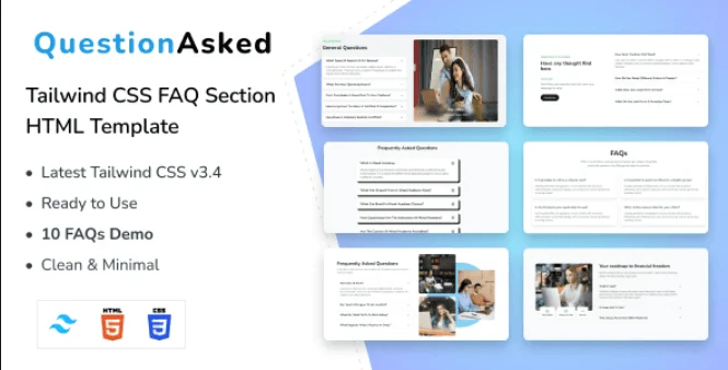 QuestionAsked – Tailwind CSS FAQ Section HTML Template