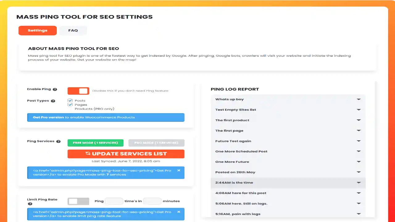 Mass Ping Tool for SEO PRO WordPress Plugin