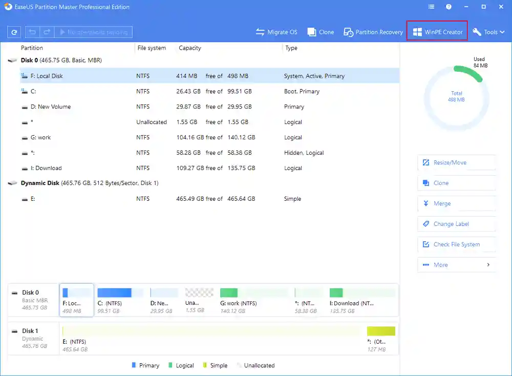 EaseUS Partition Master + WinPE ISO