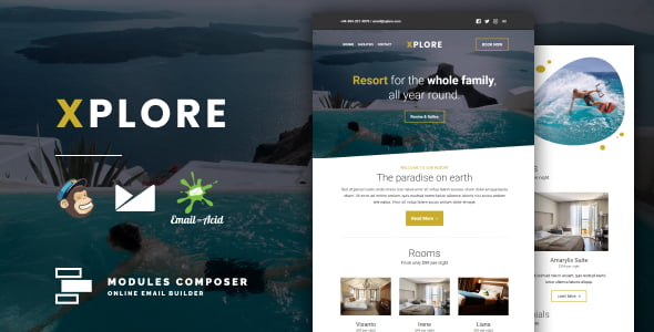 Xplore – Responsive Email for Hotels, Booking & Traveling with Online Builder Template HTML